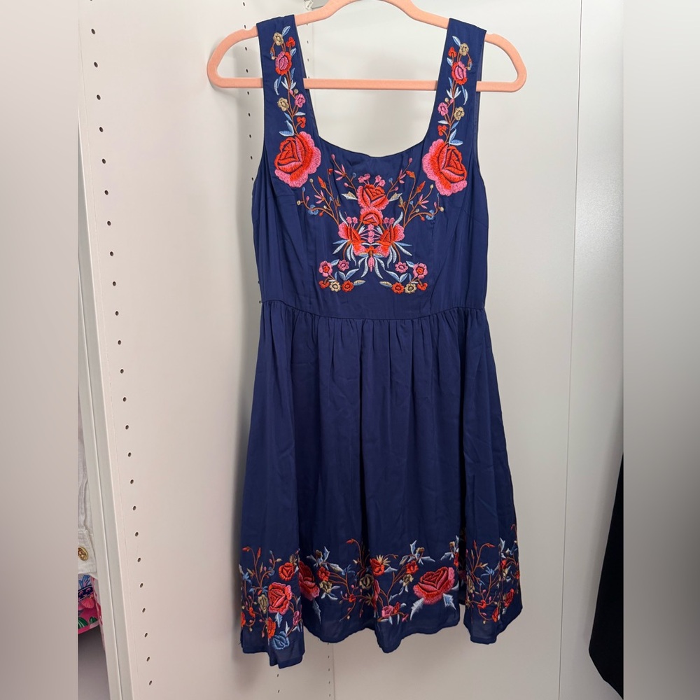 Sunny Girl Navy Dress with Red Floral Embroidery